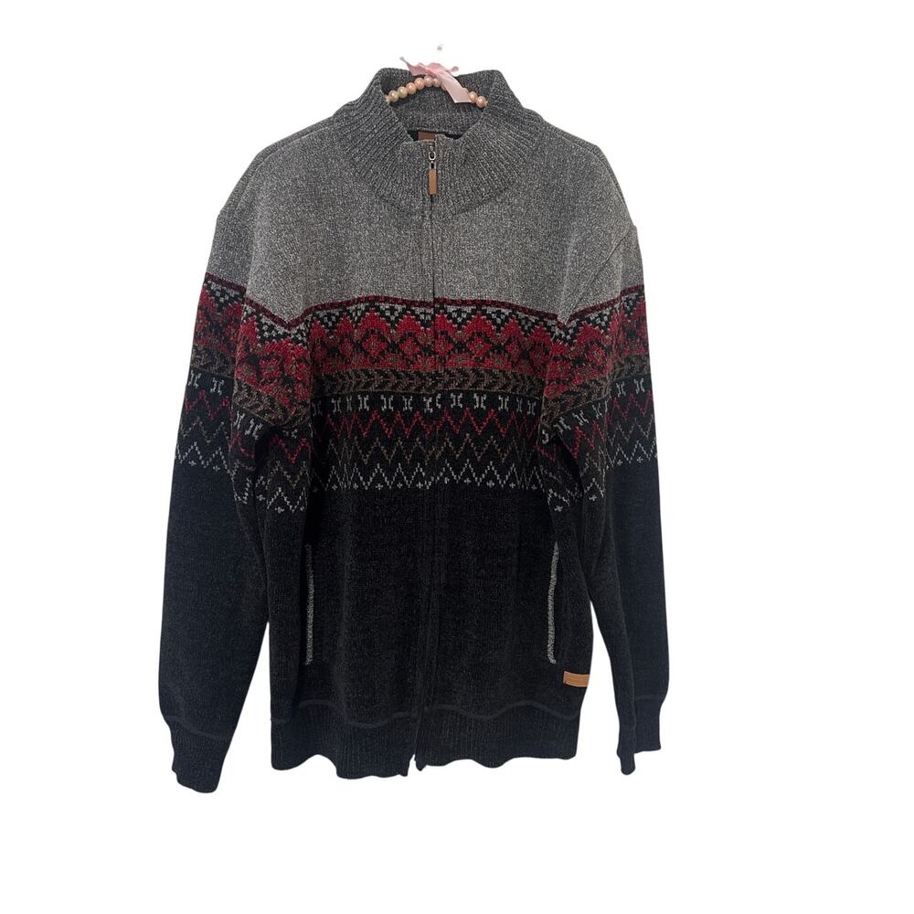 US ICON Men Full Zip Long Sleeve Chenille Sweater - XL - Black/Gray/Red Multi